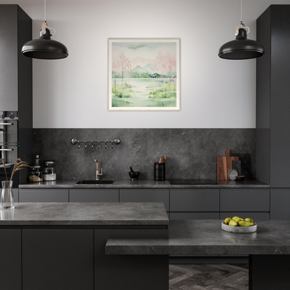 Modern dark kitchen featuring matte black cabinets and industrial pendant lights with Mirror Symphony Green