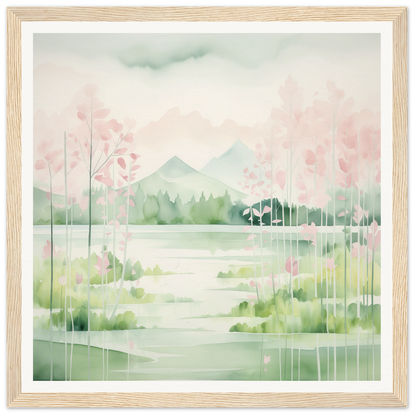 Watercolor painting of a serene spring landscape for Mirror Symphony Green