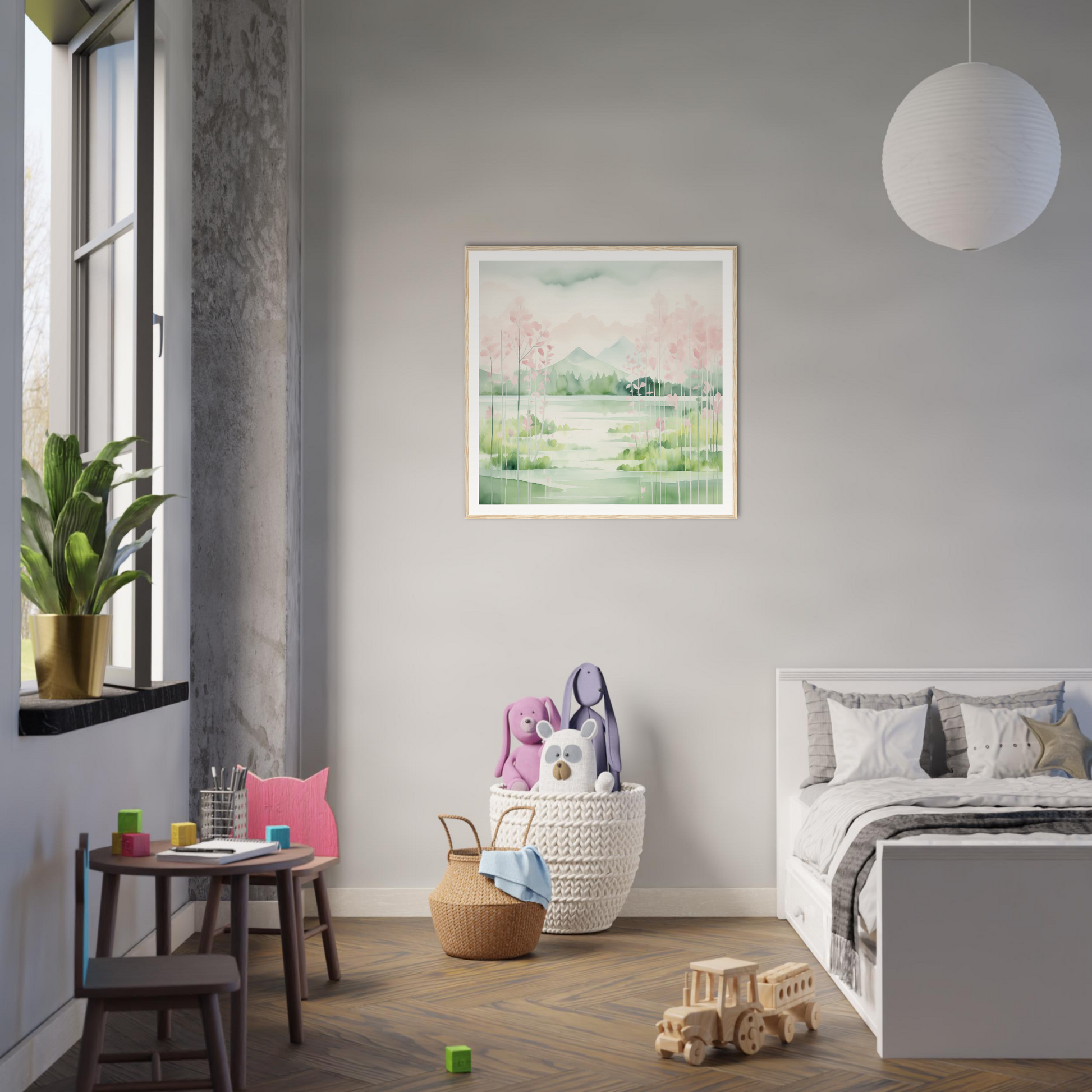 Modern bedroom featuring Mirror Symphony Green with minimalist gray and white decor