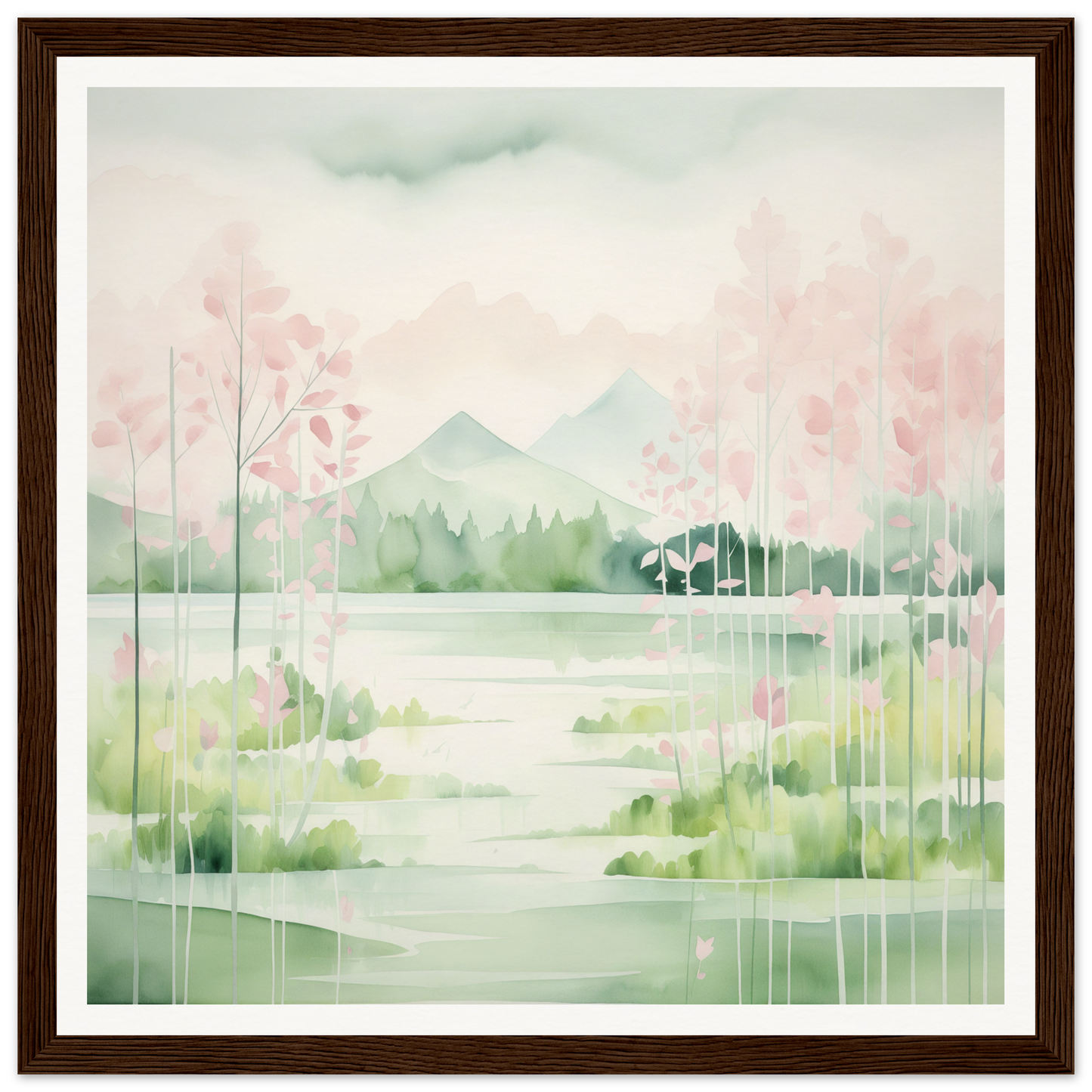 Watercolor painting of a misty spring landscape for Mirror Symphony Green product