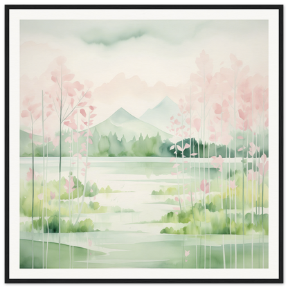 Watercolor painting of a tranquil lake landscape with cherry blossoms in Mirror Symphony Green