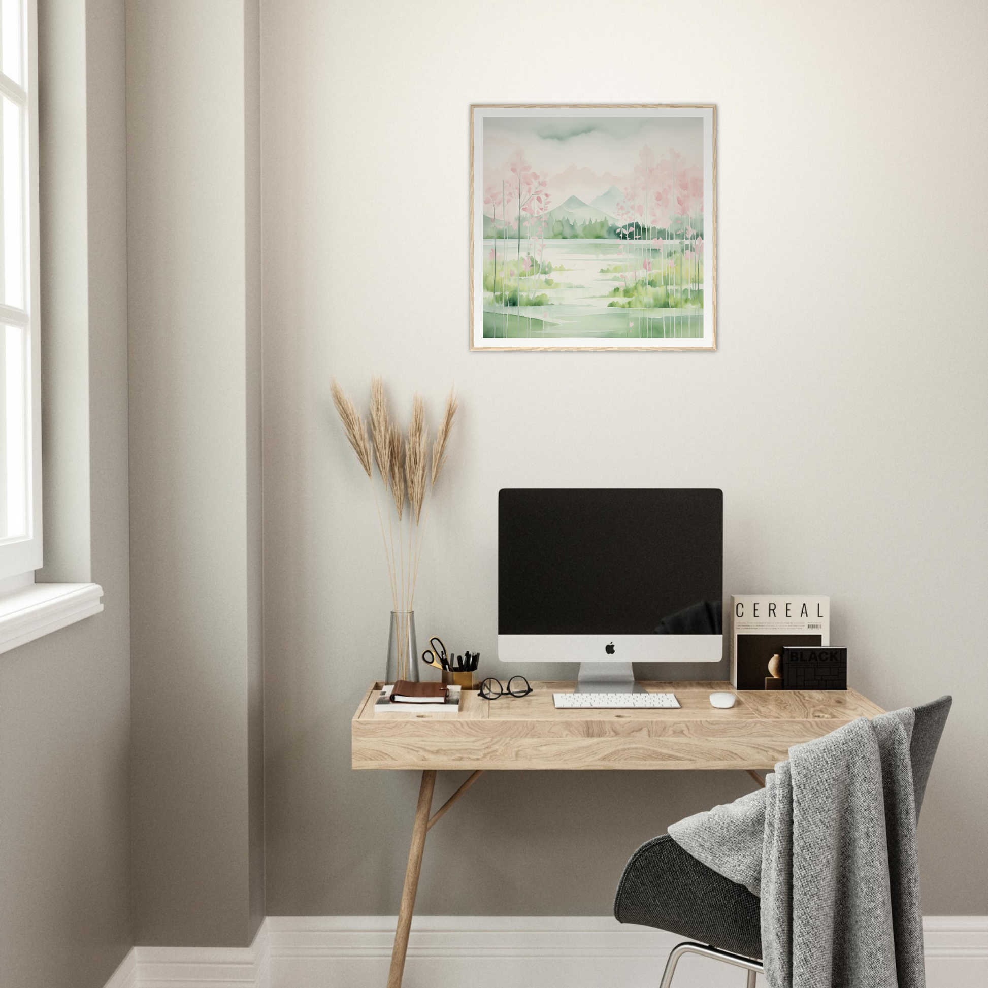 Minimalist wooden desk with iMac and accessories in Mirror Symphony Green decor