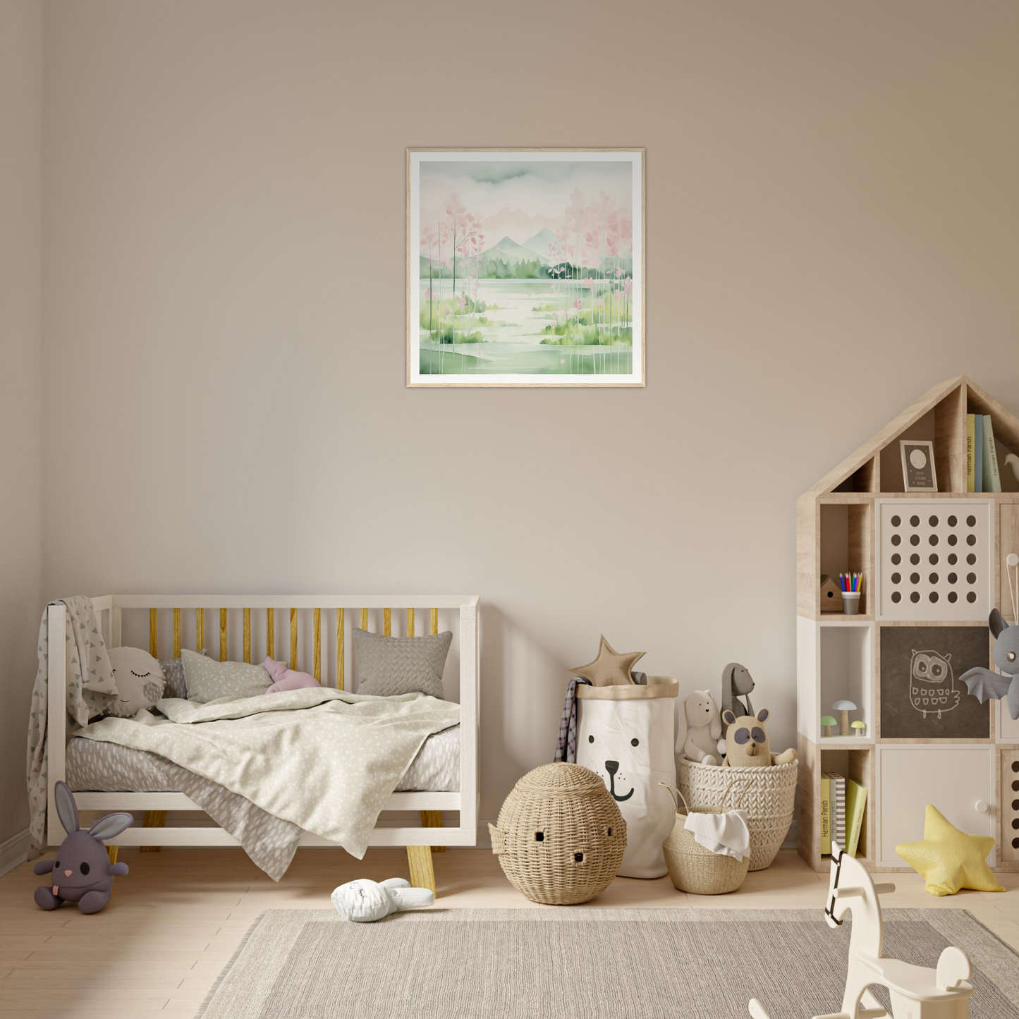 Wooden crib with gray bedding and yellow slats from Mirror Symphony Green collection