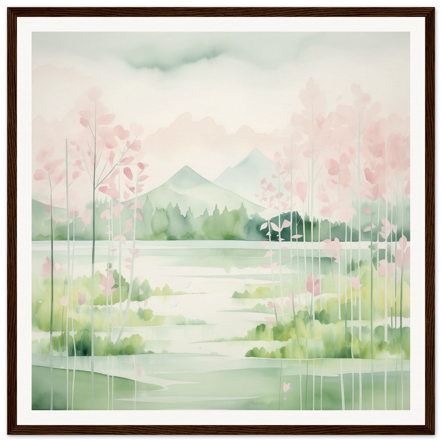 Watercolor painting of misty mountains and cherry blossoms for Mirror Symphony Green