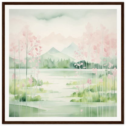 Watercolor painting of misty mountains and cherry blossoms for Mirror Symphony Green