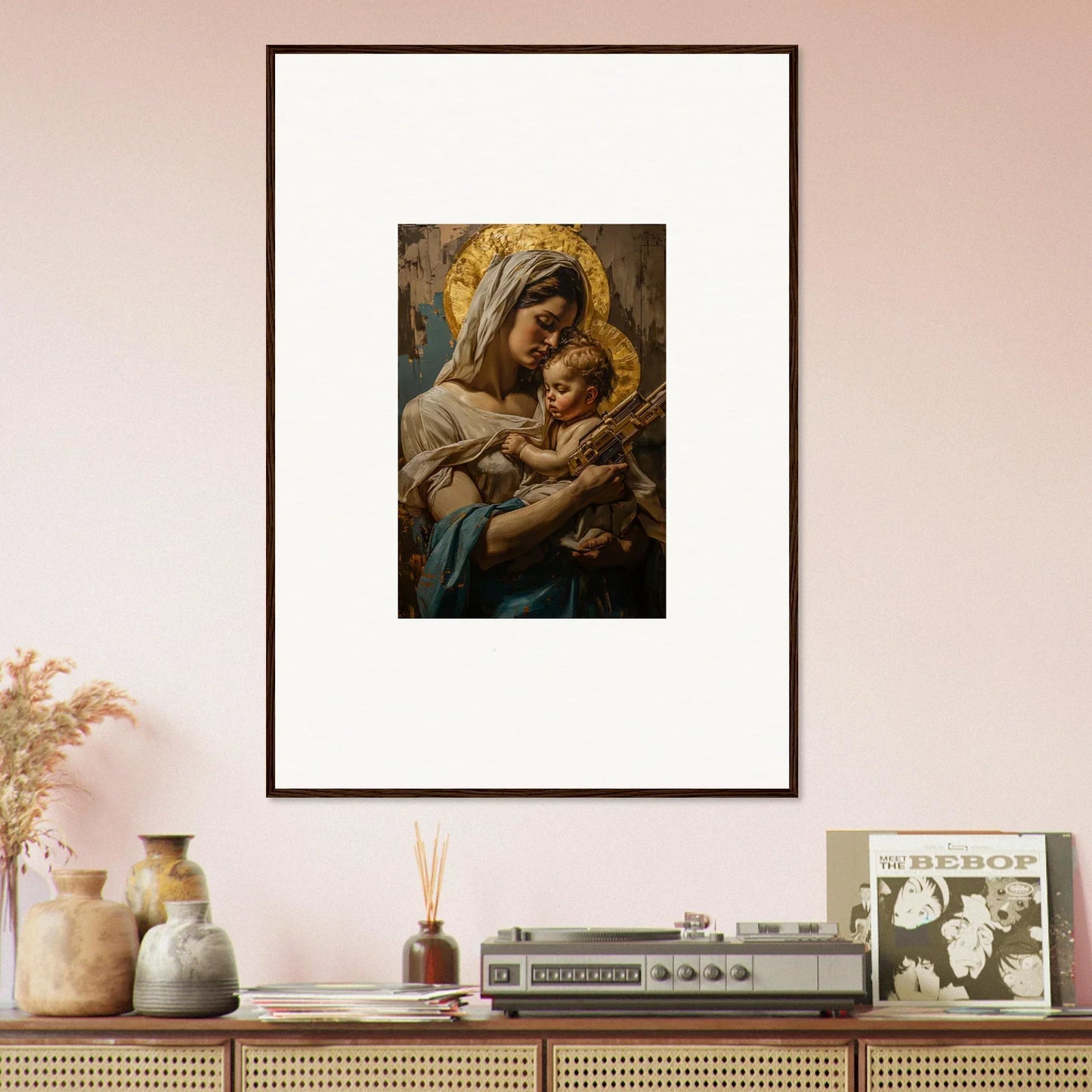 Framed wall art of woman and child, inspired by Holy Mandala for elegant room decor