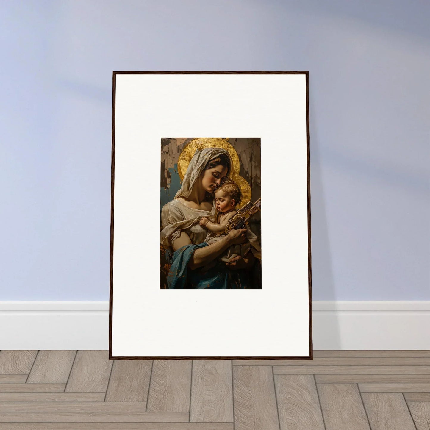 Framed wall art of a mother and child in a holy mandala style for room decor