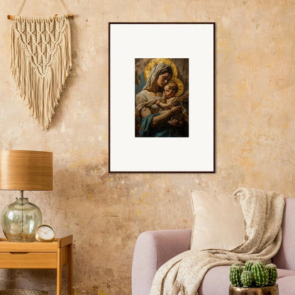 Framed wall art of a woman with a child for serene room decor featuring holy mandala