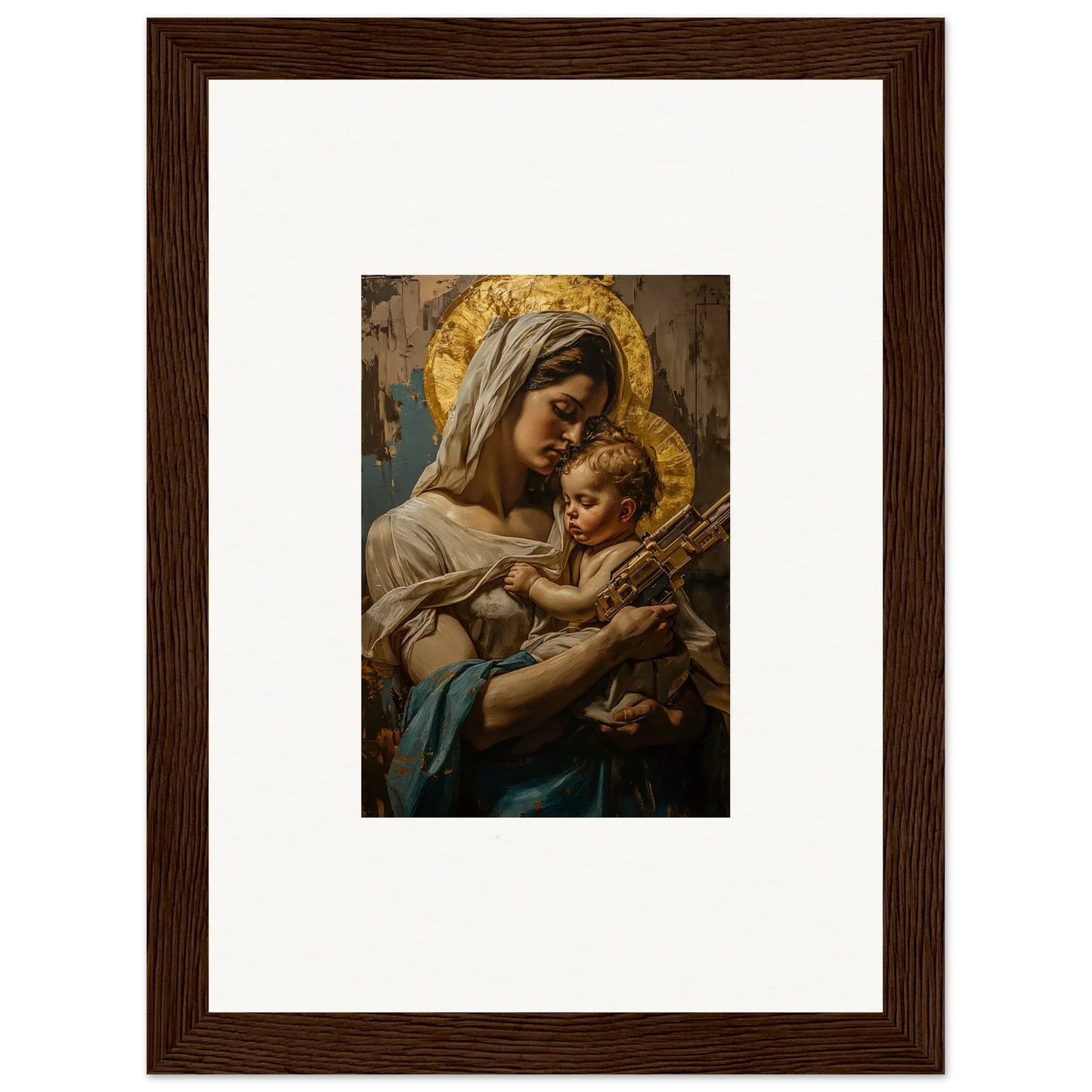 Framed wall art of a woman and child with halos, perfect for holy mandala room decor