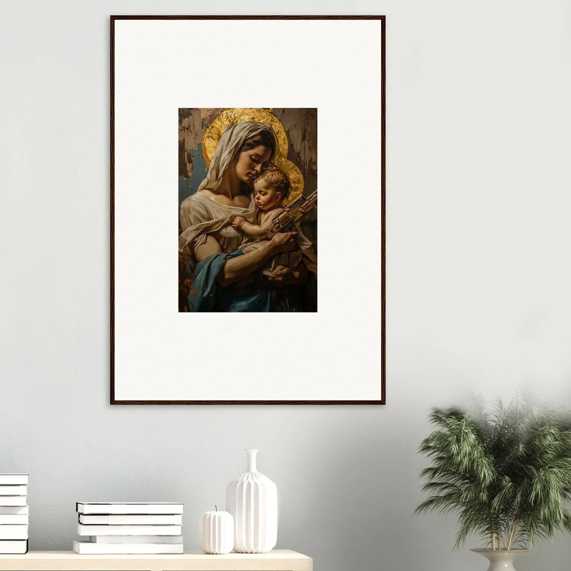 Framed wall art of a holy mandala featuring a woman and baby with golden halos