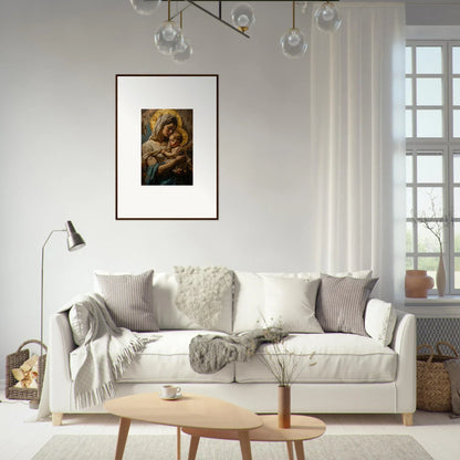 White sofa adorned with throw pillows and blankets, enhancing Holy Mandala room decor