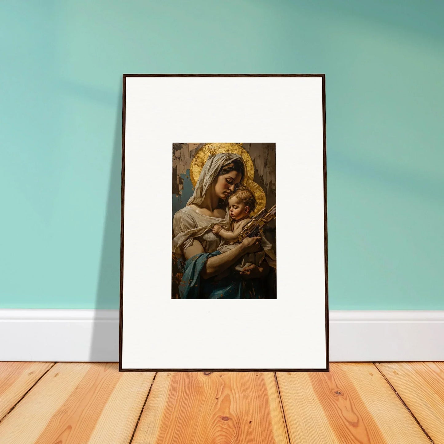 Framed wall art of a woman with a baby, featuring holy mandala religious symbols