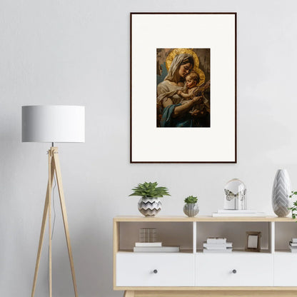 Framed wall art of a woman holding a baby, perfect for room decor with a holy mandala theme