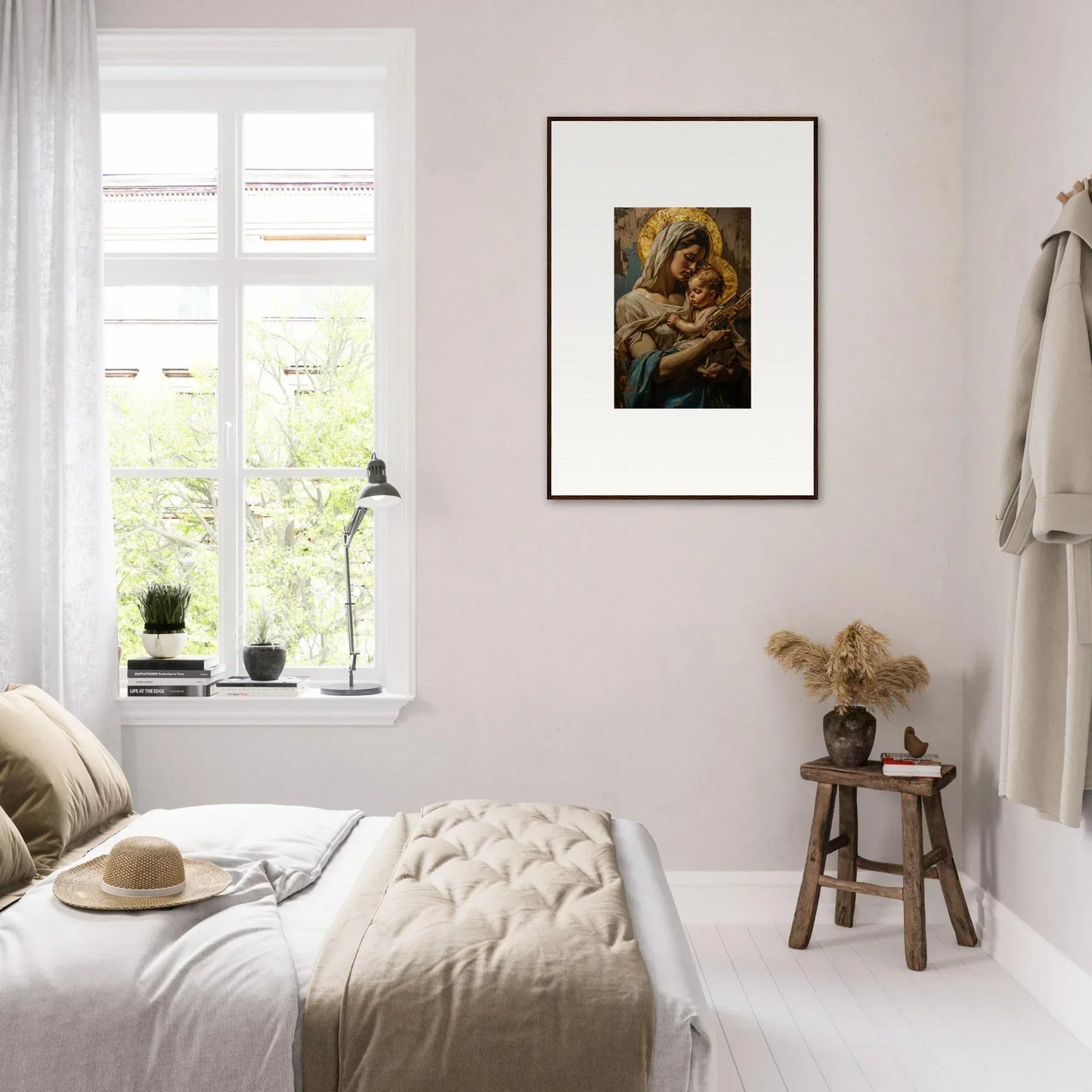 Serene bedroom featuring neutral tones and holy mandala framed wall art for stylish room decor