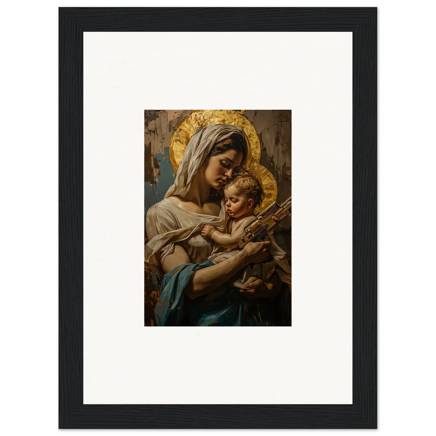 Framed wall art of a woman and baby with golden halos, perfect holy mandala room decor