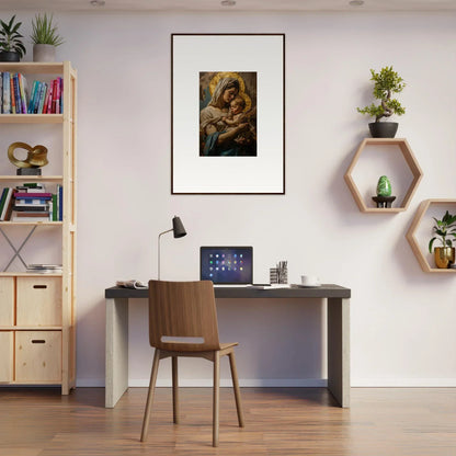 Home office workspace featuring a desk, chair, and Holy Mandala wall decor