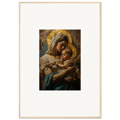 Religious painting of a woman and child with golden halos, perfect holy mandala room decor