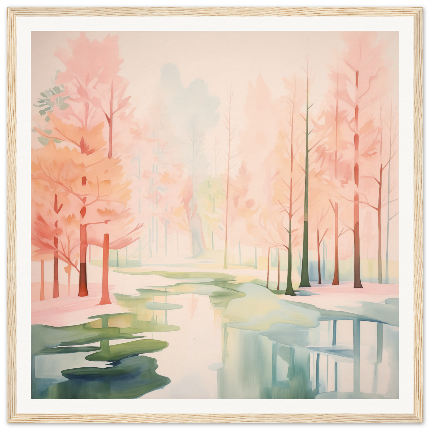 Watercolor painting of a tranquil stream with pink trees, Mist Veil Reverie artwork