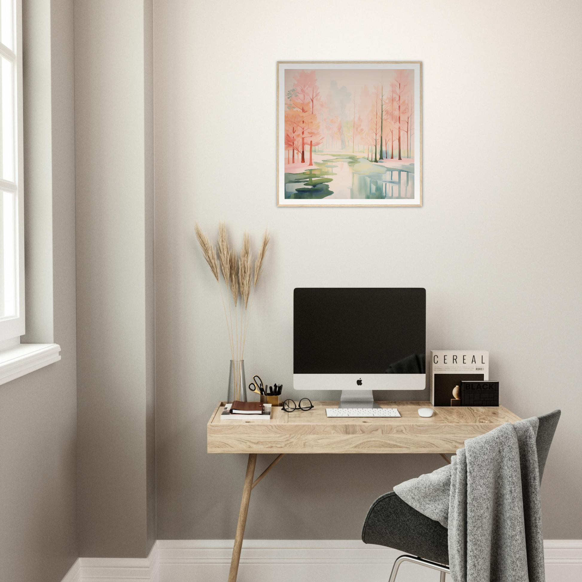 Minimalist wooden desk featuring iMac and artwork in Mist Veil Reverie design