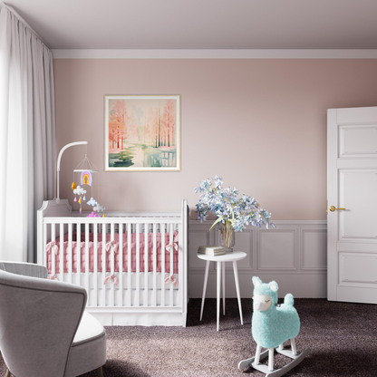 Elegant white wooden crib with pink bedding from Mist Veil Reverie collection