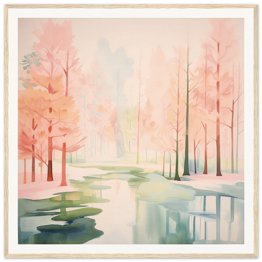 Watercolor painting of a misty forest with pink trees in Mist Veil Reverie