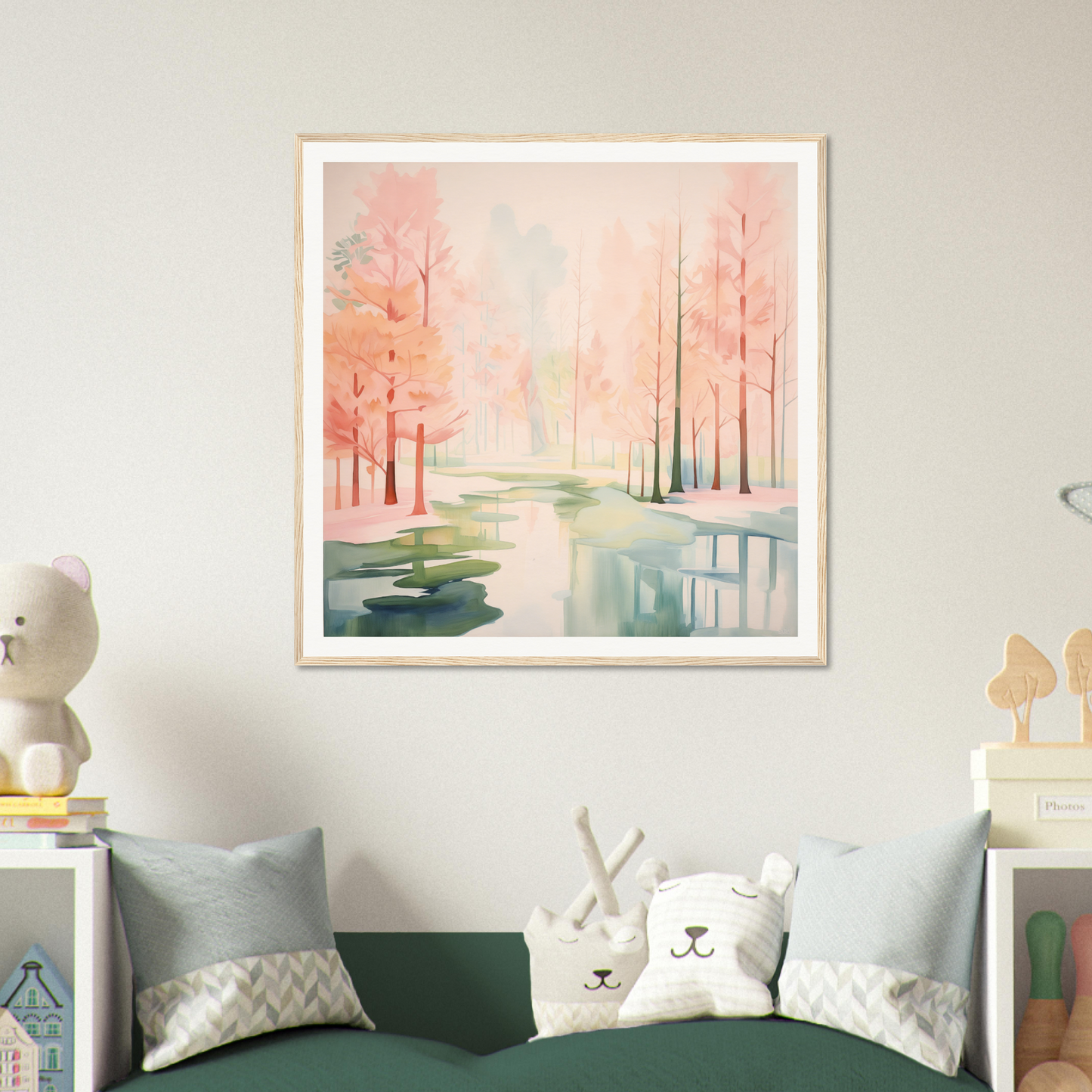 Framed watercolor painting of Mist Veil Reverie featuring a dreamy forest landscape