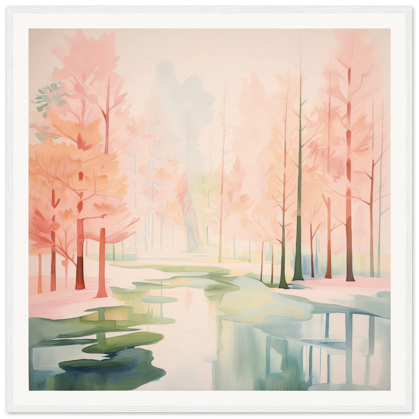 Watercolor painting of a misty forest with pink trees in Mist Veil Reverie