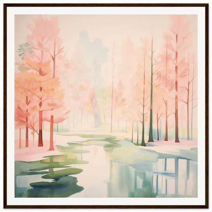 Watercolor painting of a misty forest with pink trees in Mist Veil Reverie