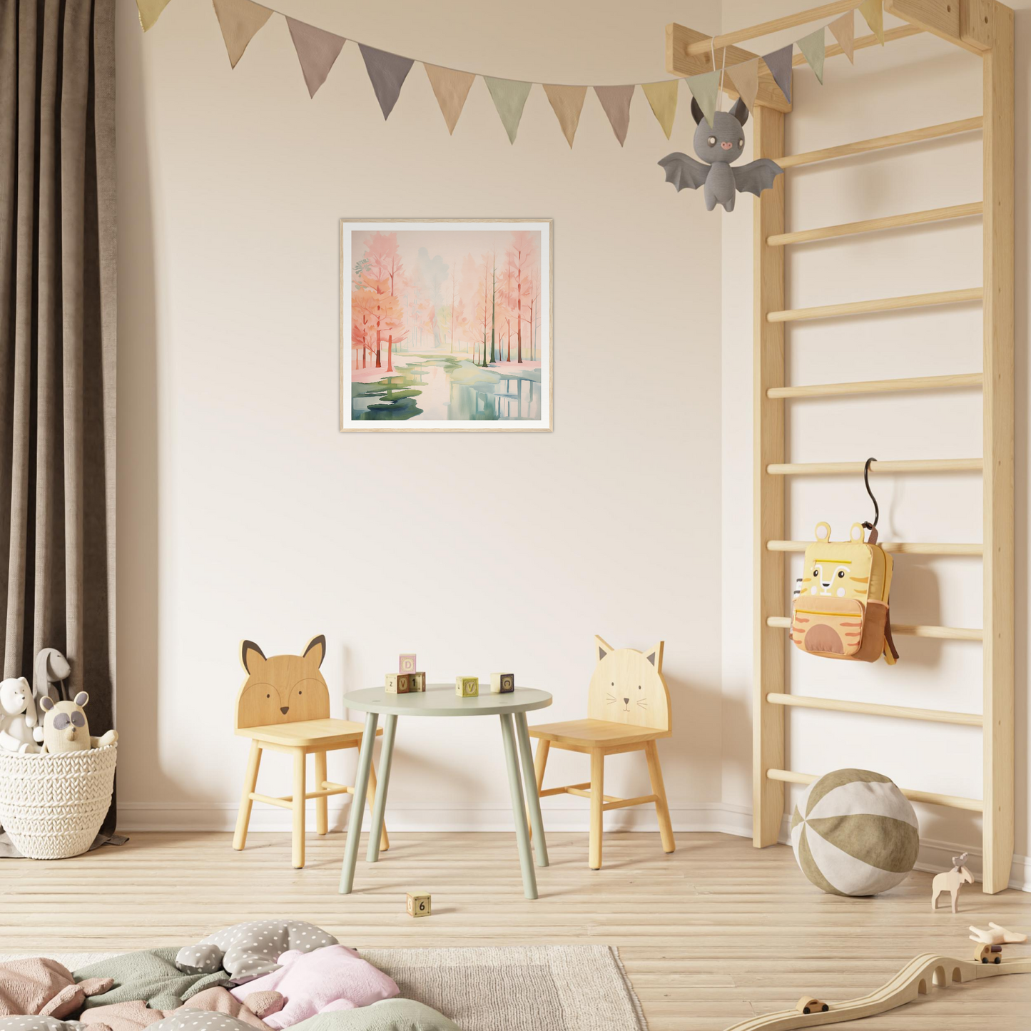 Children’s play area featuring animal-themed chairs and a table from Mist Veil Reverie