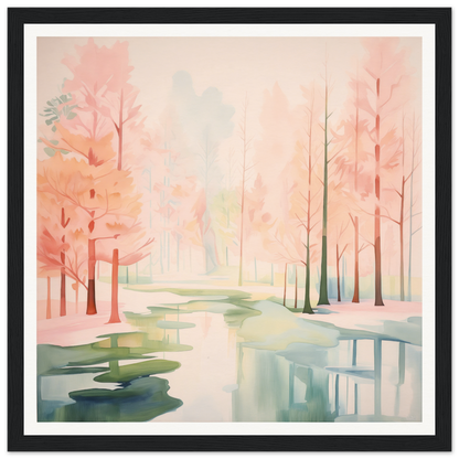 Watercolor painting of a misty forest with pink trees reflecting in calm water, Mist Veil Reverie