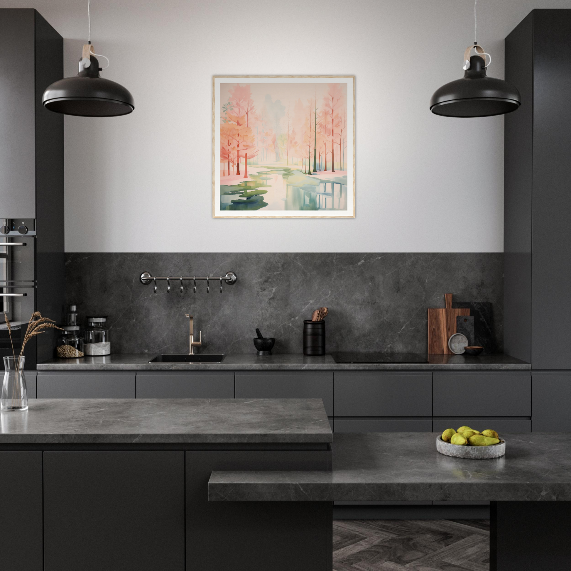 Modern dark gray kitchen featuring industrial pendant lights and Mist Veil Reverie artwork