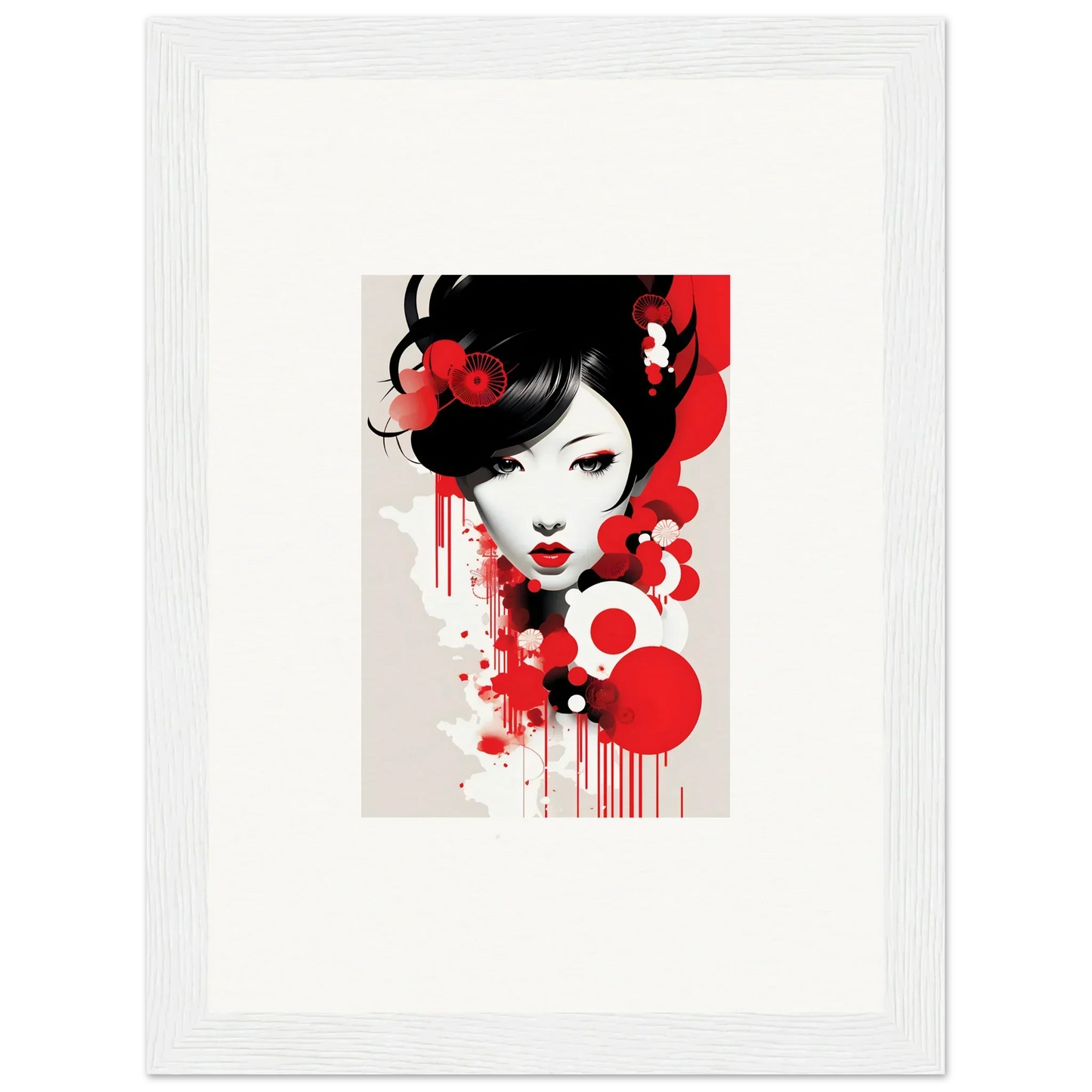 Stylized portrait of a woman with black hair and red accents for visions blooming wall decor