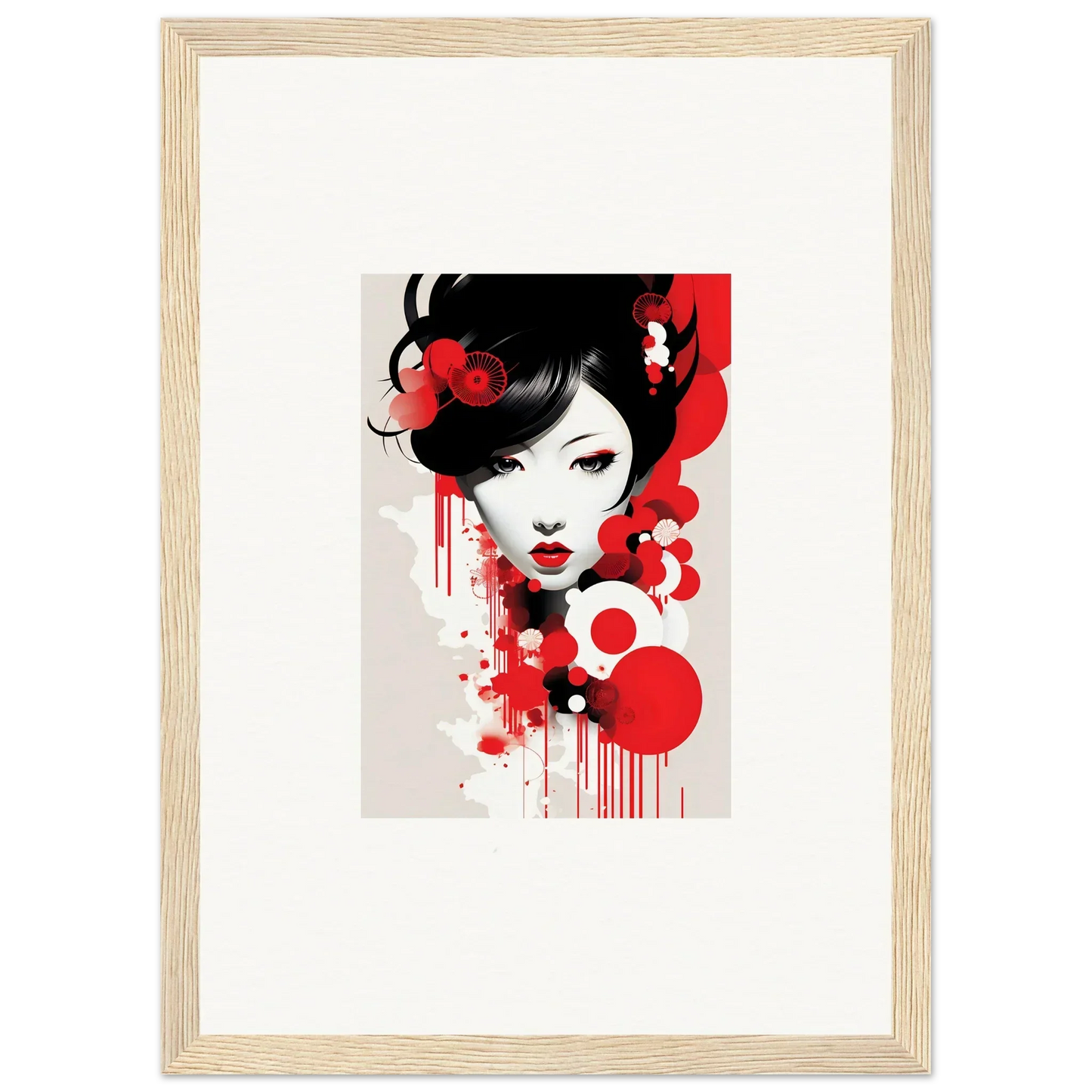 Stylized portrait of a woman with black hair and red accents in Visions Blooming wall art