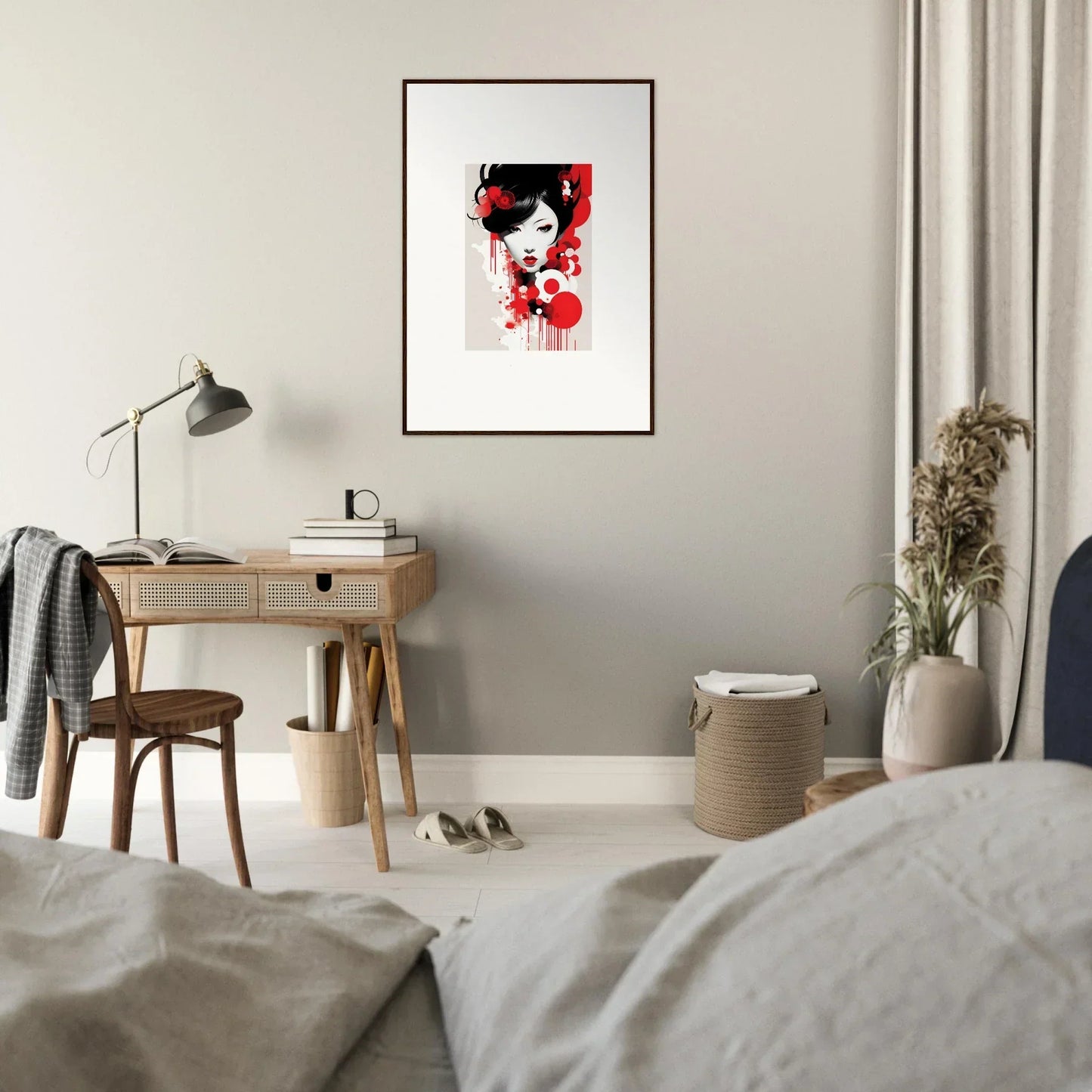 Framed wall art of a woman in red and black for Visions Blooming room decor