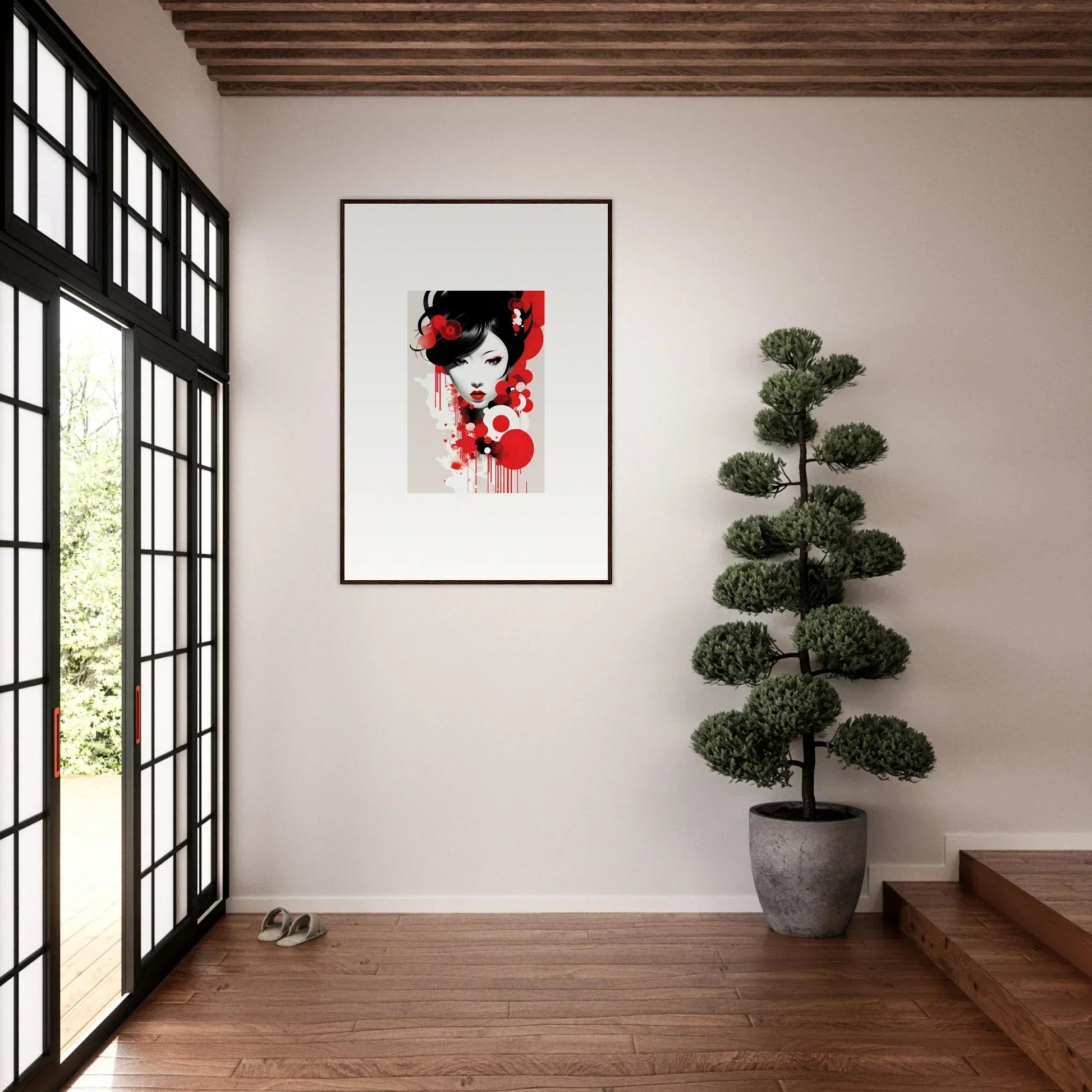 Framed abstract portrait with red, black, and white for modern room decor, Visions Blooming