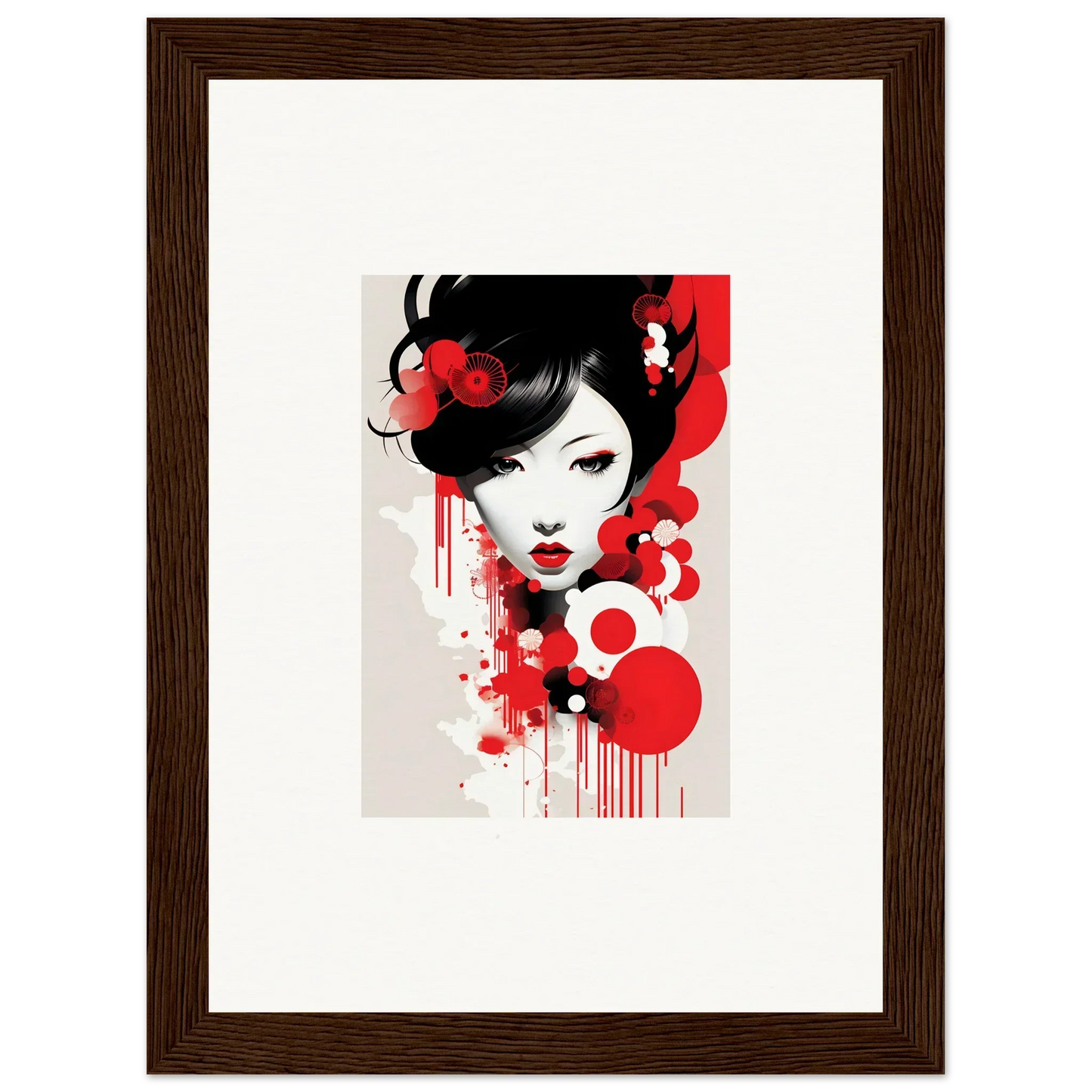 Stylized portrait of a woman with red and black for Visions Blooming room decor