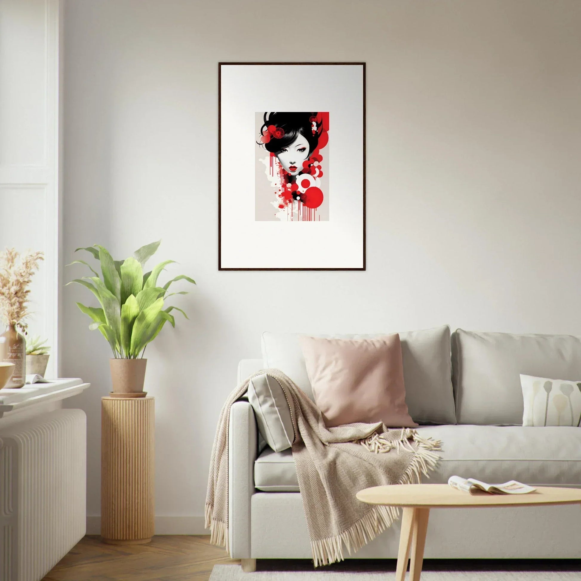 Framed wall art of a stylized face with red and black elements for visions blooming room decor