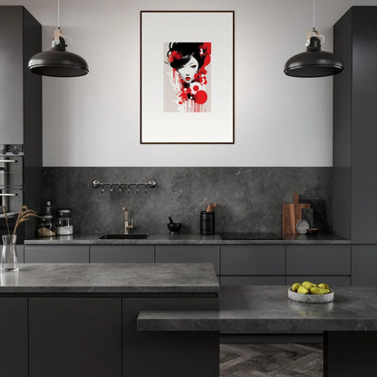 Modern dark kitchen featuring Visions Blooming framed wall art as focal room decor