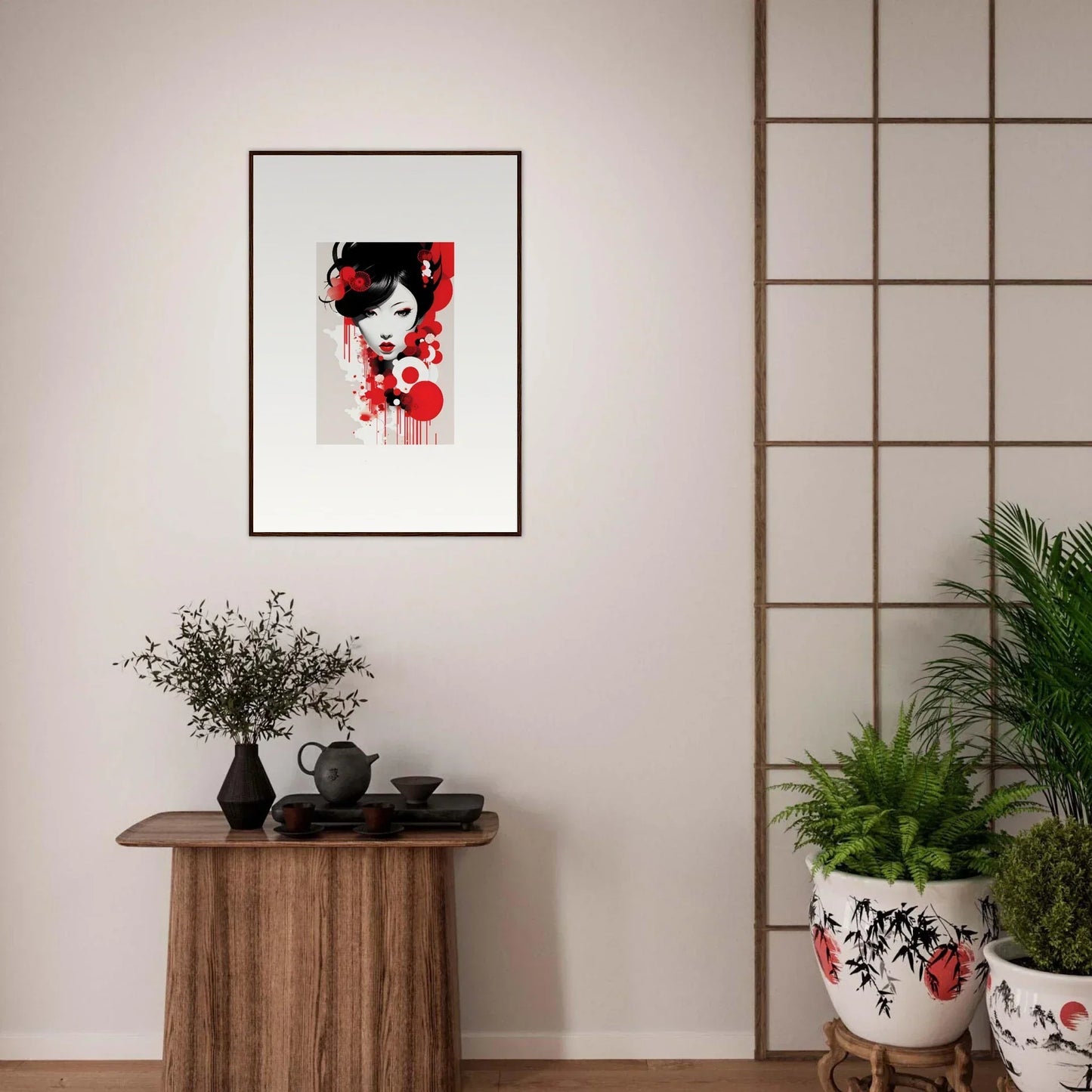 Framed wall art of a geisha face in red, black, and white for Visions Blooming room decor