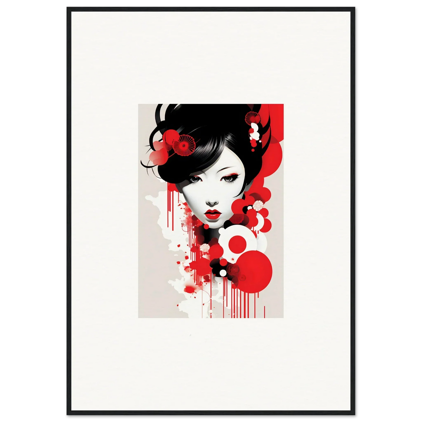 Stylized portrait of a woman with black hair and red accents for Visions Blooming room decor