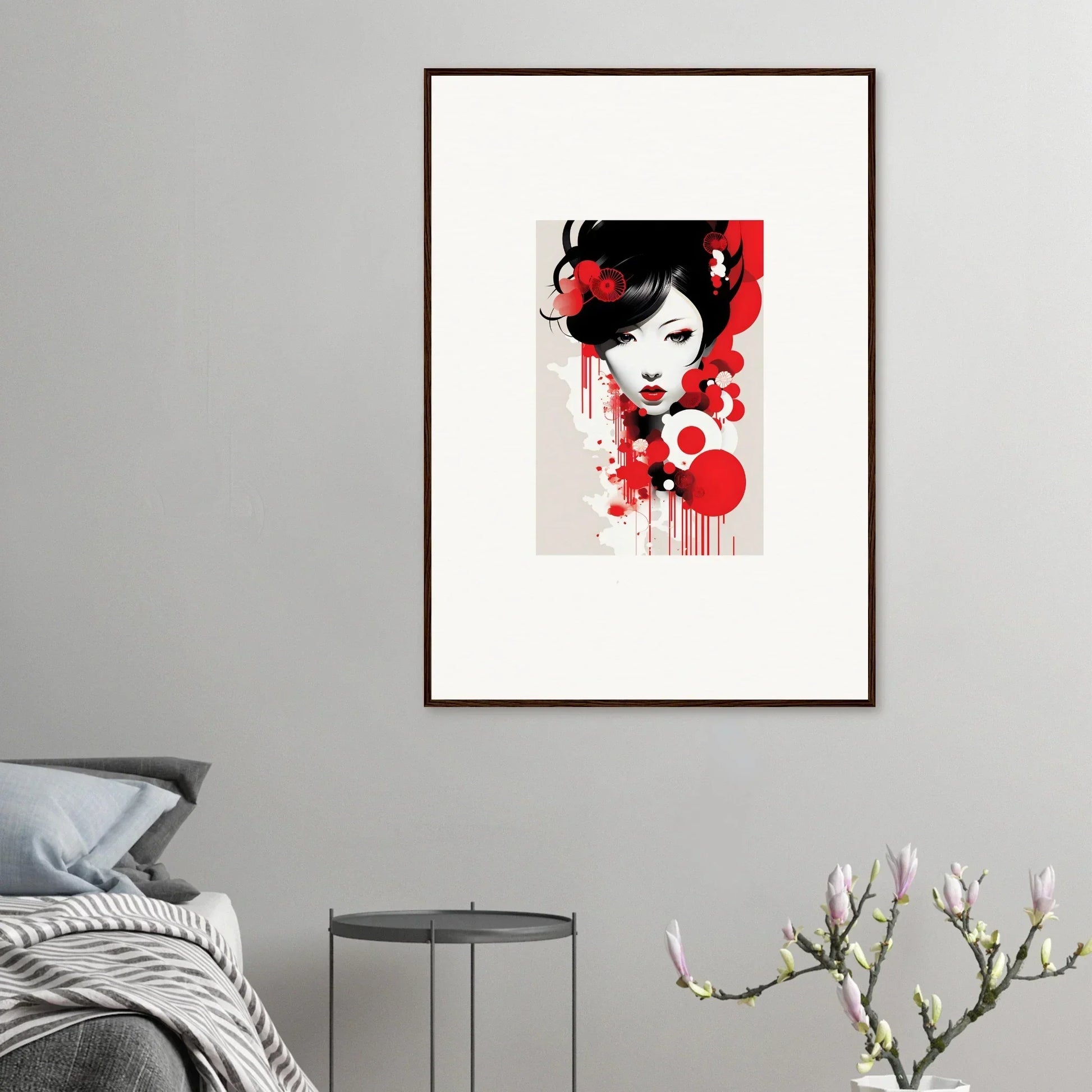 Framed wall art of a woman’s face with red and black elements for stylish room decor