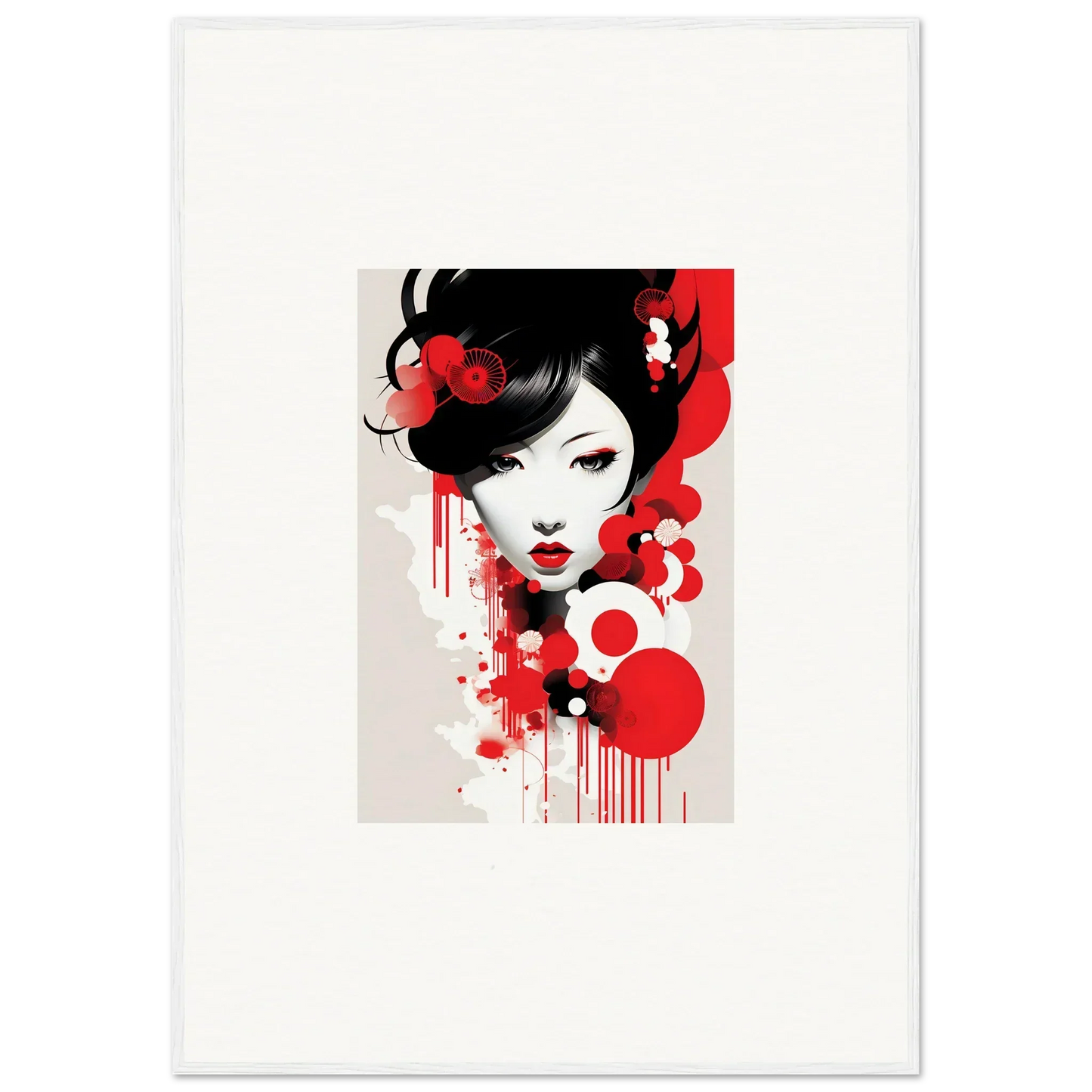 Stylized portrait of a woman with black hair and red accents for visions blooming room decor