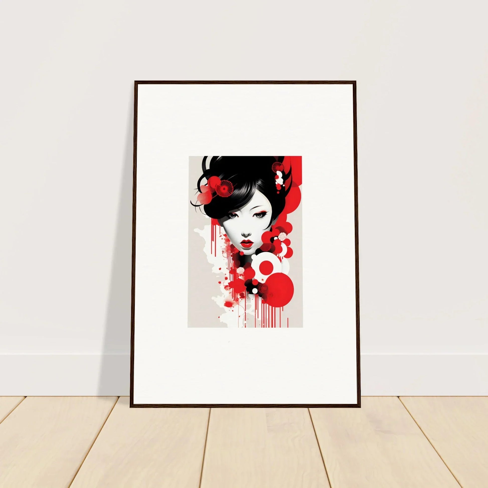 Framed wall art of a stylized female face in red and black for Visions Blooming room decor