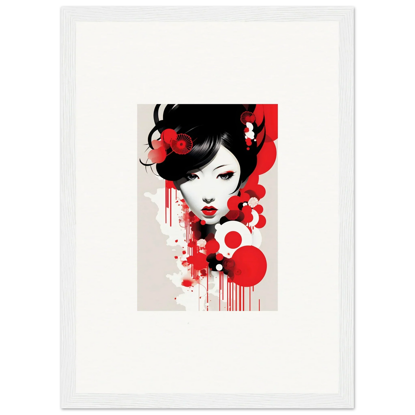 Stylized woman’s face with black hair and red accents in Visions Blooming framed wall art