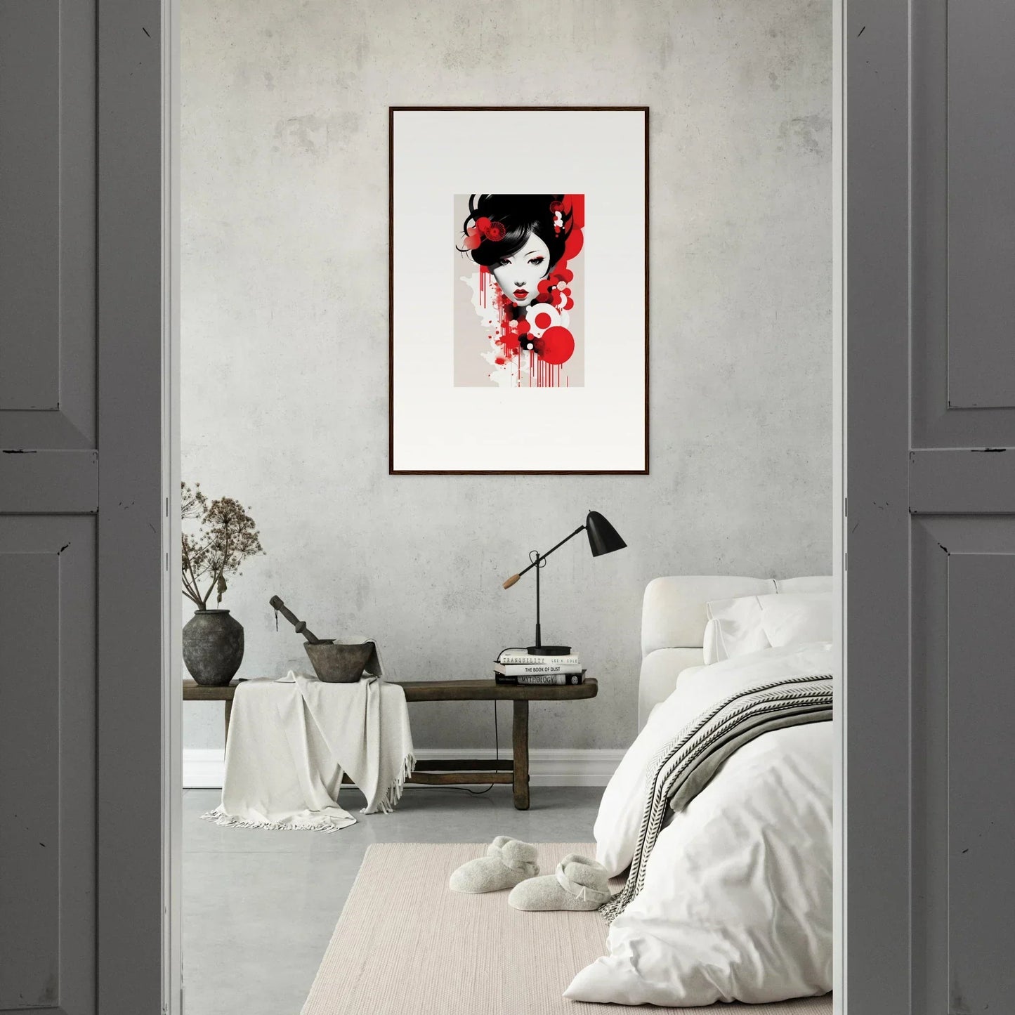 Framed wall art of a woman’s face with red and black in Visions Blooming room decor