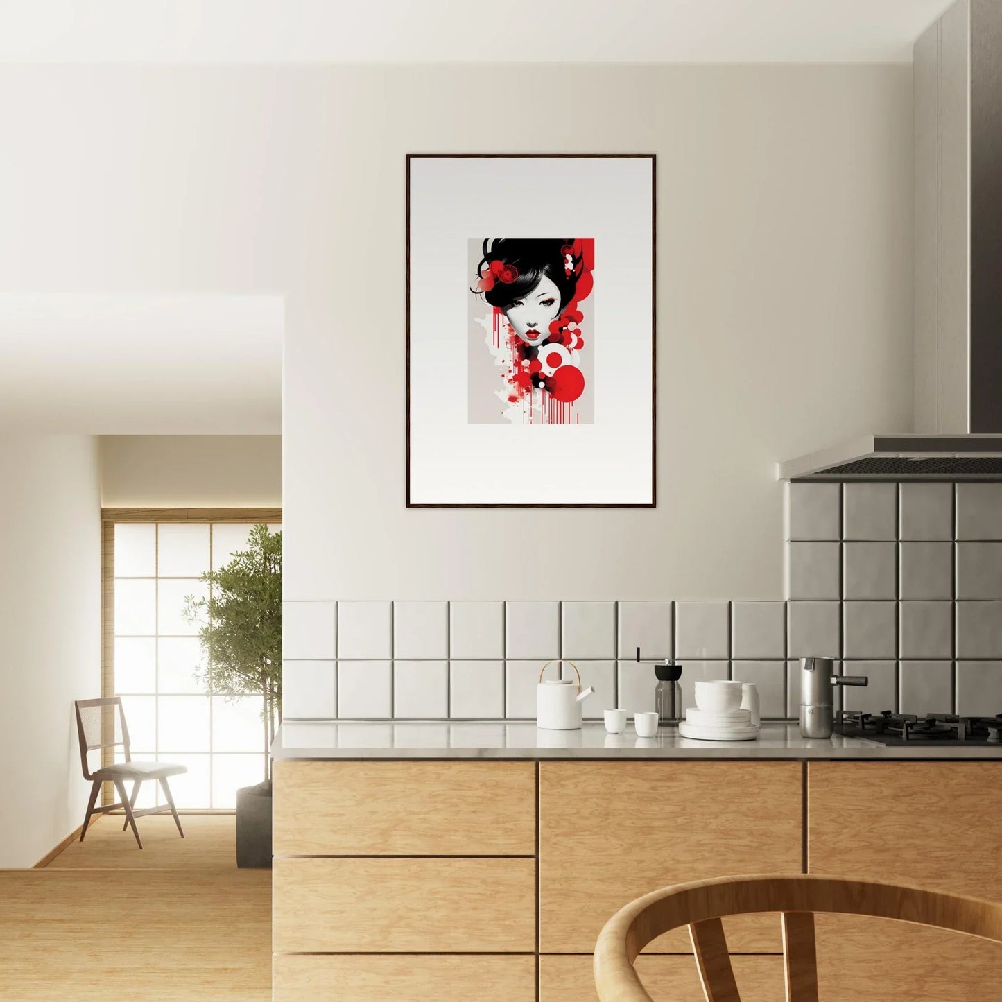 Framed wall art with bold red and black abstract elements for Visions Blooming room decor