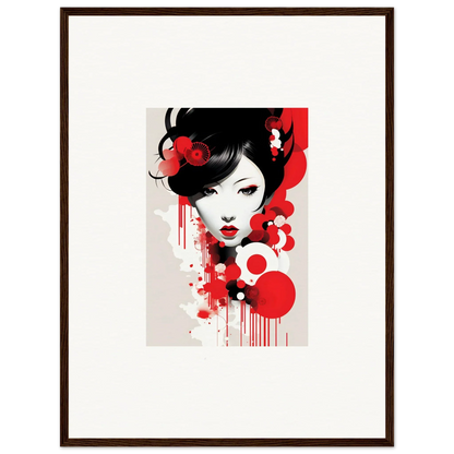 Stylized portrait of a woman with black hair, red accents for Visions Blooming room decor