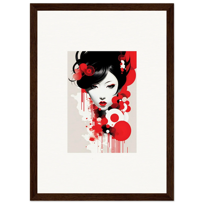 Stylized portrait of a woman with black hair and red accents for Visions Blooming wall art