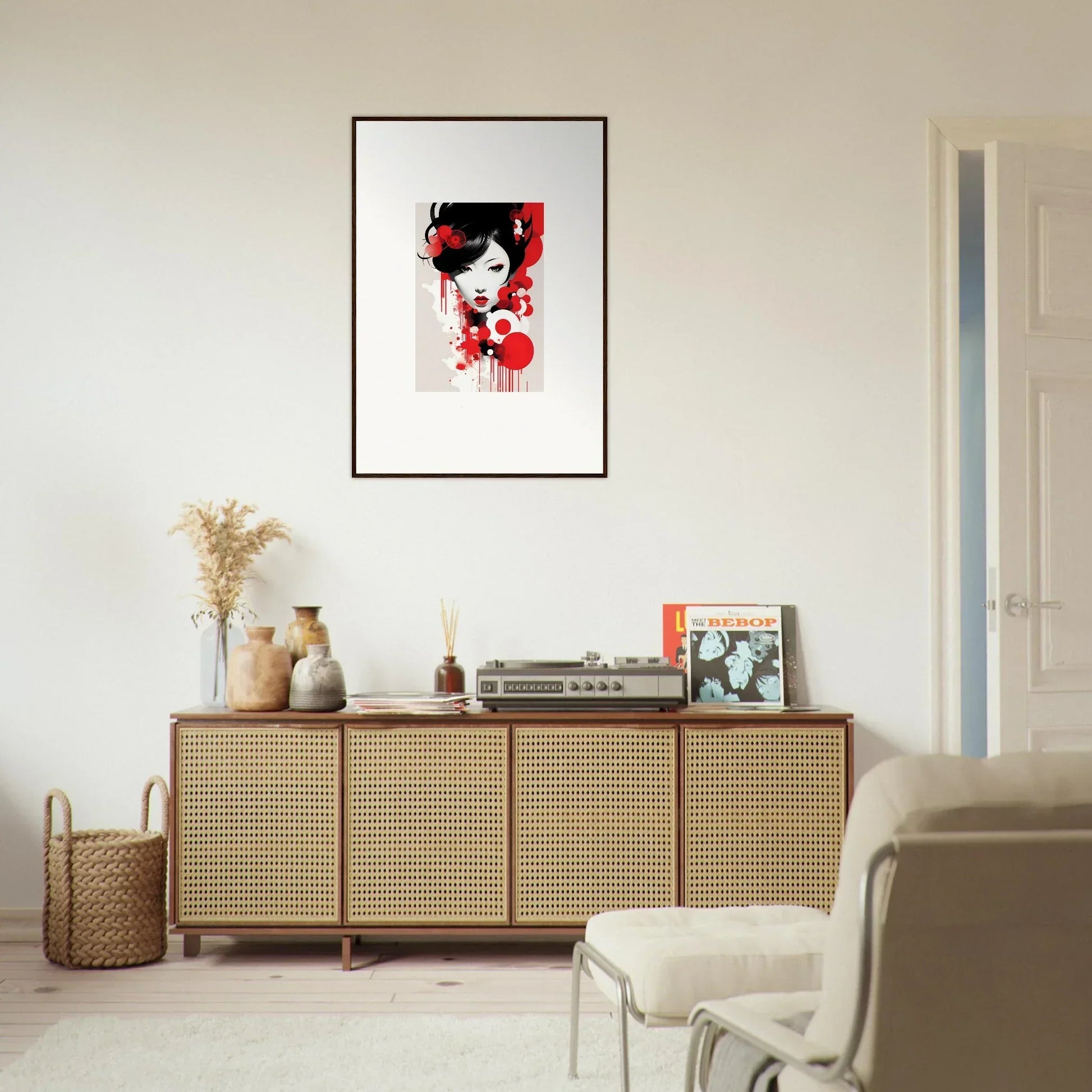 Framed wall art of a stylized female figure with red accents for Visions Blooming room decor