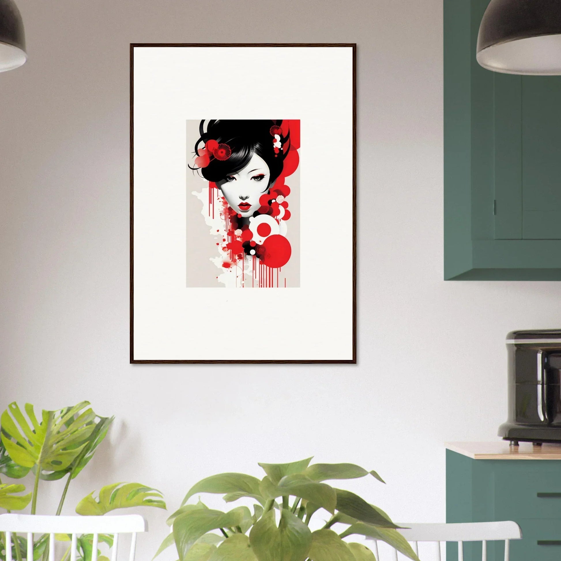 Framed wall art of a stylized woman’s face with red accents for visions blooming room decor